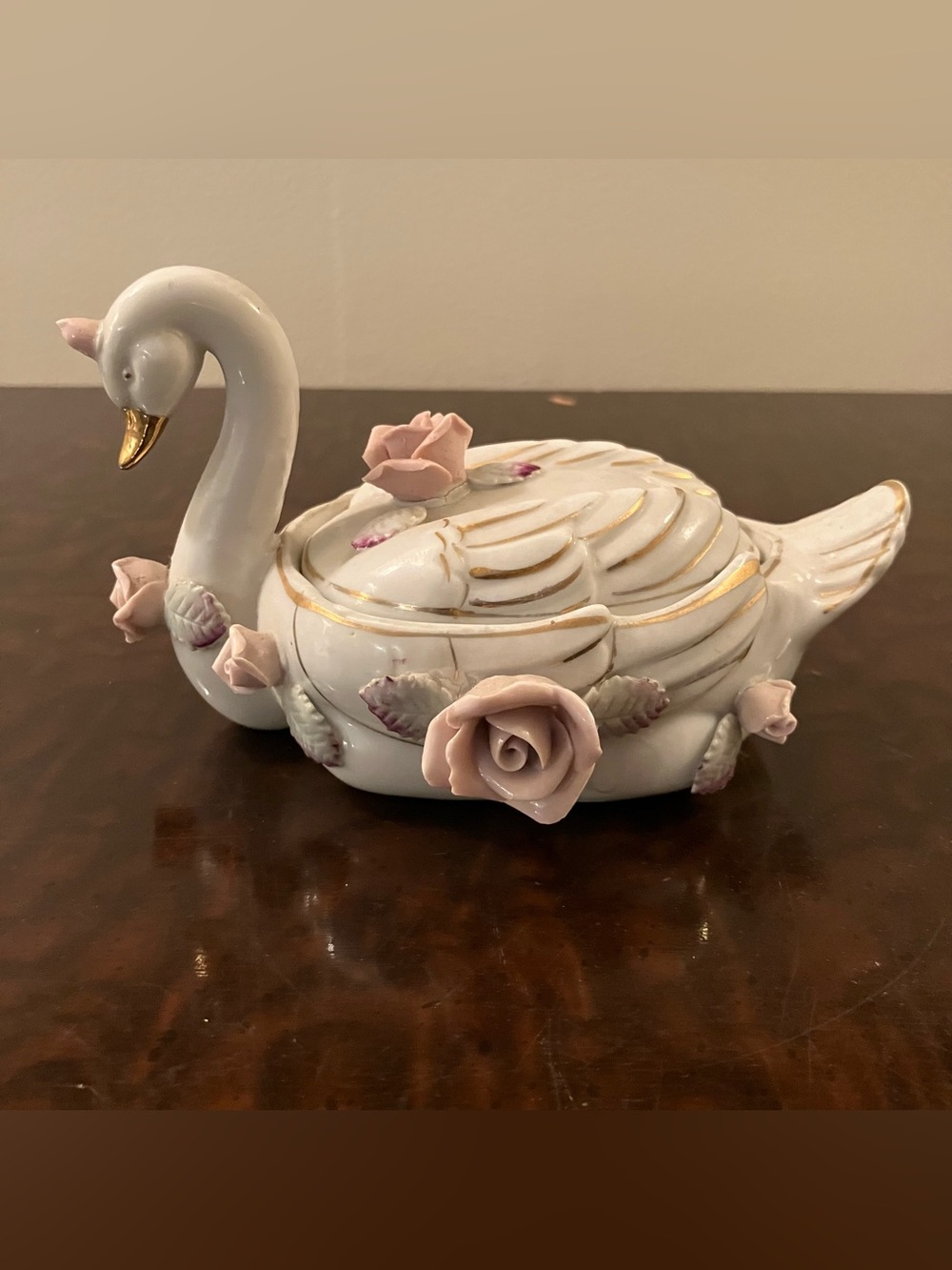 VTG Bone China Swan Pink And Gold Trinket Box Dish Maximalist Grannycore